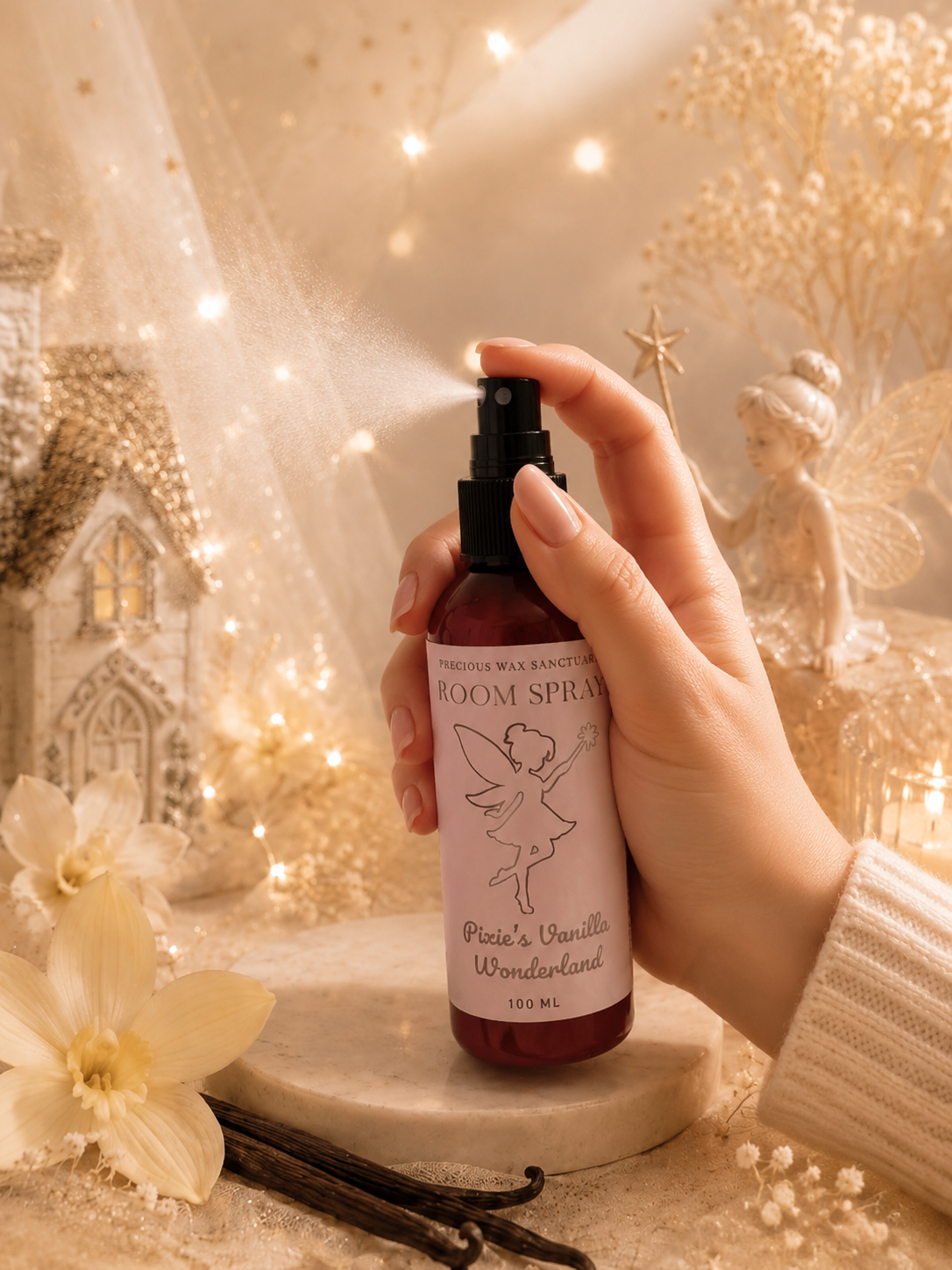 Pixies vanilla wonderland room spray in hand being spritzed with vanilla theme background.