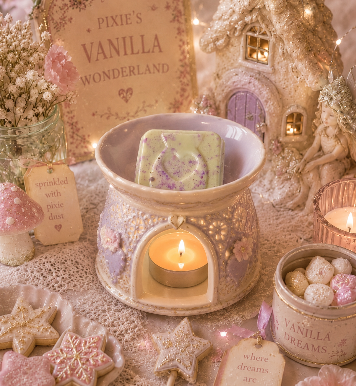 A fairy-tale themed wax warmer set in a cozy, whimsical scene. The central product is a lavender and cream ceramic wax warmer with a lit tea light candle inside, containing a wax melt.
