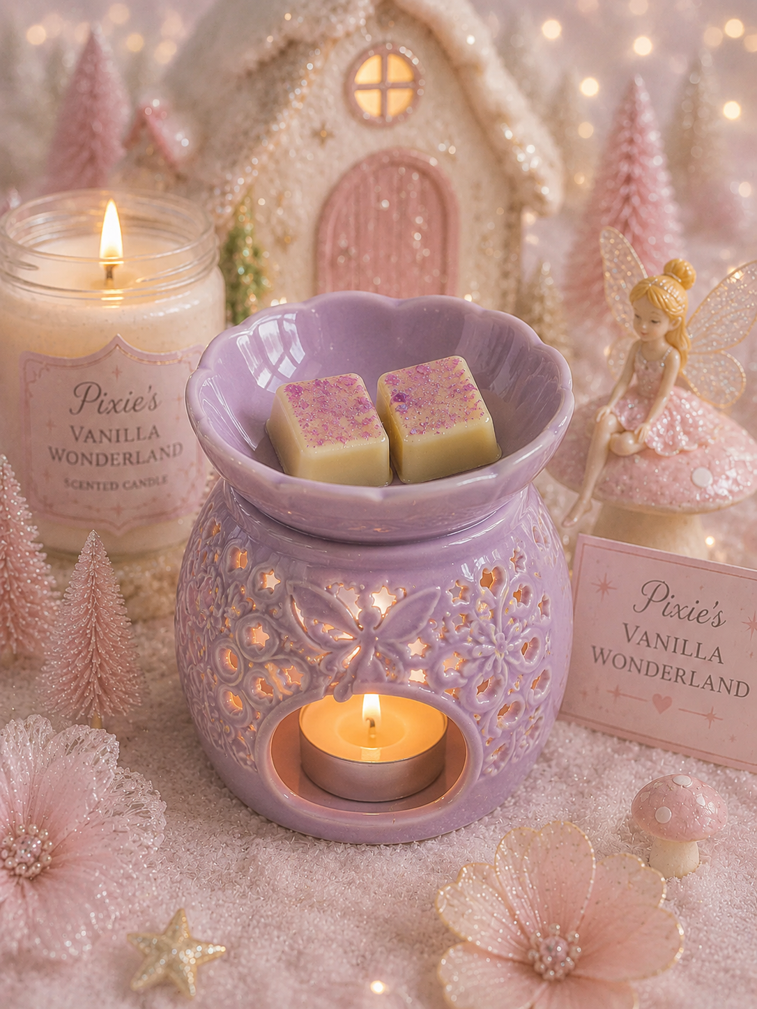 pixies vanilla wonderland wax melts in purple surrounded by magical fairy candle and decor.