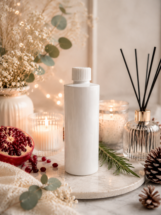 A pommy noir reed diffuser refill matte white cylindrical bottle with a ribbed cap stands centered on a round marble tray, surrounded by cozy home decor props including a lit candle, reed diffuser, dried flowers, pinecones, and a sliced pomegranate.