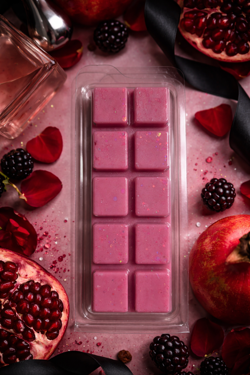 Pink wax melts in a mold surrounded by pomegranates and blackberries on a pink surface.