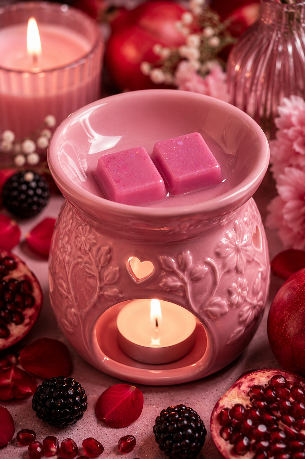 A pink ceramic wax warmer with embossed floral details, lit with a small tea light candle inside, holding two pink wax cubes. The warmer is surrounded by red rose petals, blackberries, pomegranate seeds, and other candles in a cozy, spa-like setting.