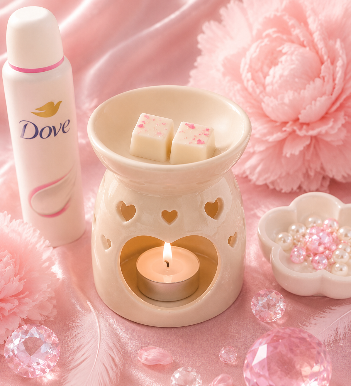 A pink-themed spa setup featuring a Dove body wash bottle, a cream-colored ceramic candle warmer with a lit tea light candle and wax melts, a flower-shaped dish with pearls, and pink decorative flowers and feathers on a satin background.