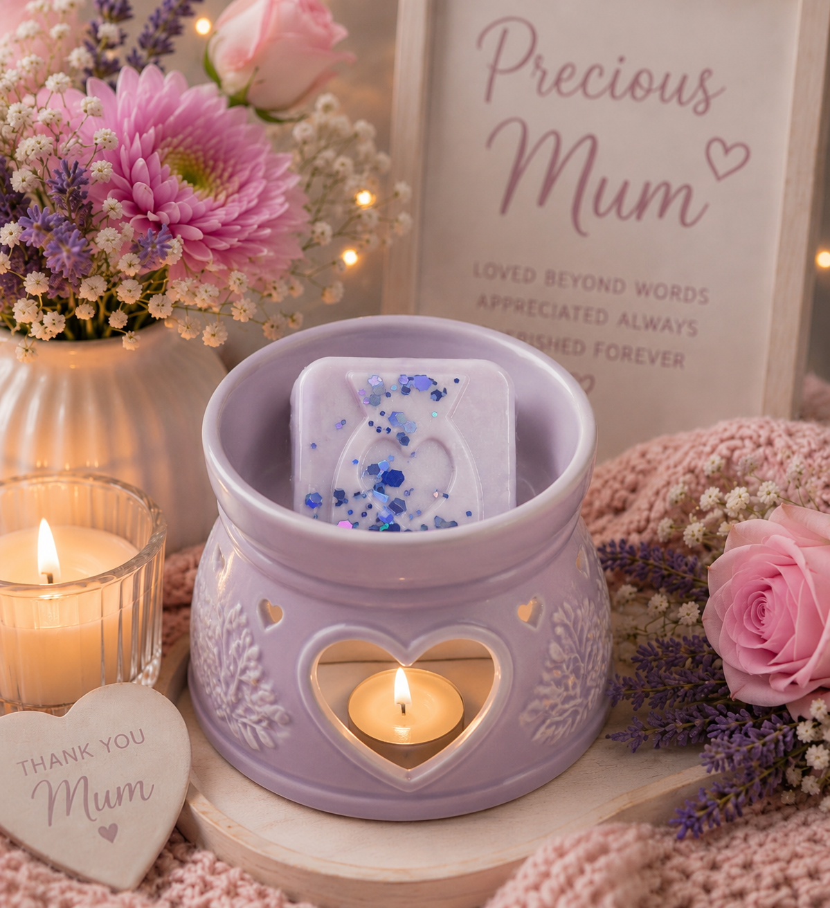 A lavender ceramic wax warmer with heart-shaped cutouts sits on a wooden tray, holding a lit tealight candle and a wax melt with blue glitter. The scene is styled with pink flowers, a lit candle in a glass holder, a heart-shaped 'Thank You Mum' plaque, and a sign reading 'Precious Mum'.