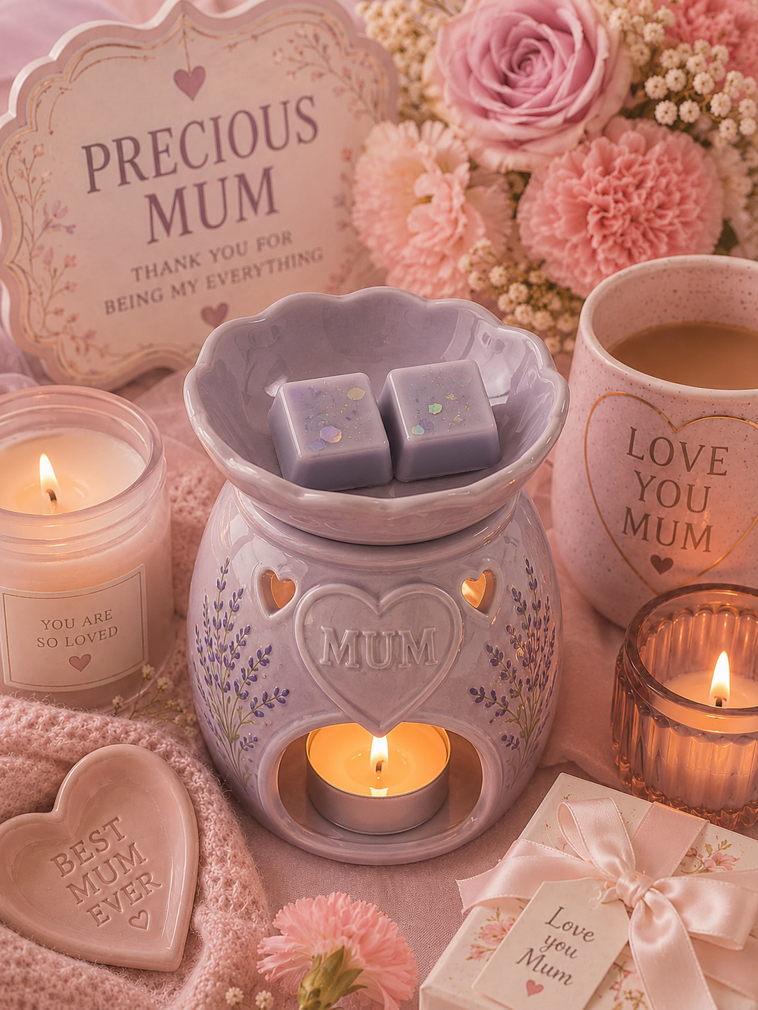 A cozy gift set for 'Precious Mum' featuring a ceramic wax warmer with a lit tea light, two wax melts, a pink 'Love You Mum' mug, a 'Best Mum Ever' ceramic plaque, and a 'Precious Mum' sign, styled with pink flowers and candles.