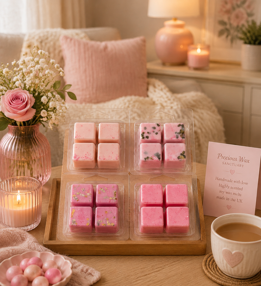 Four pink wax melts in clear plastic packaging arranged on a wooden tray on a tabletop, styled with a pink rose vase, lit candles, a cup of tea, and a card reading 'Precious Wax Candle Co.' in a cozy indoor setting.