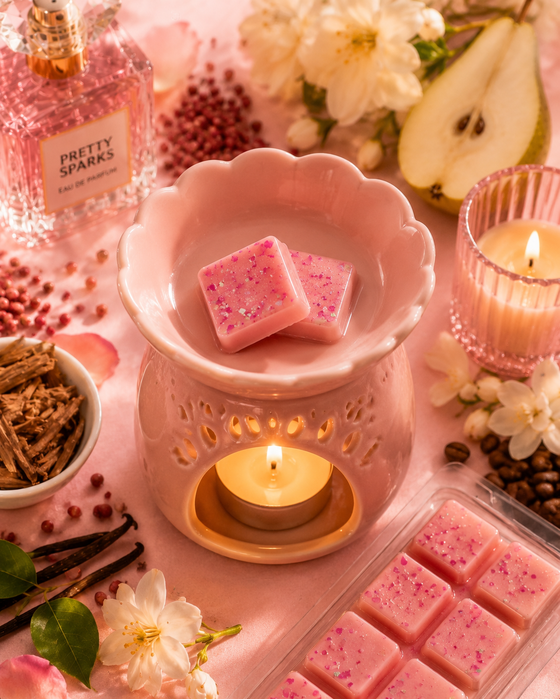 Pink wax melts in burner surrounded by pink decor