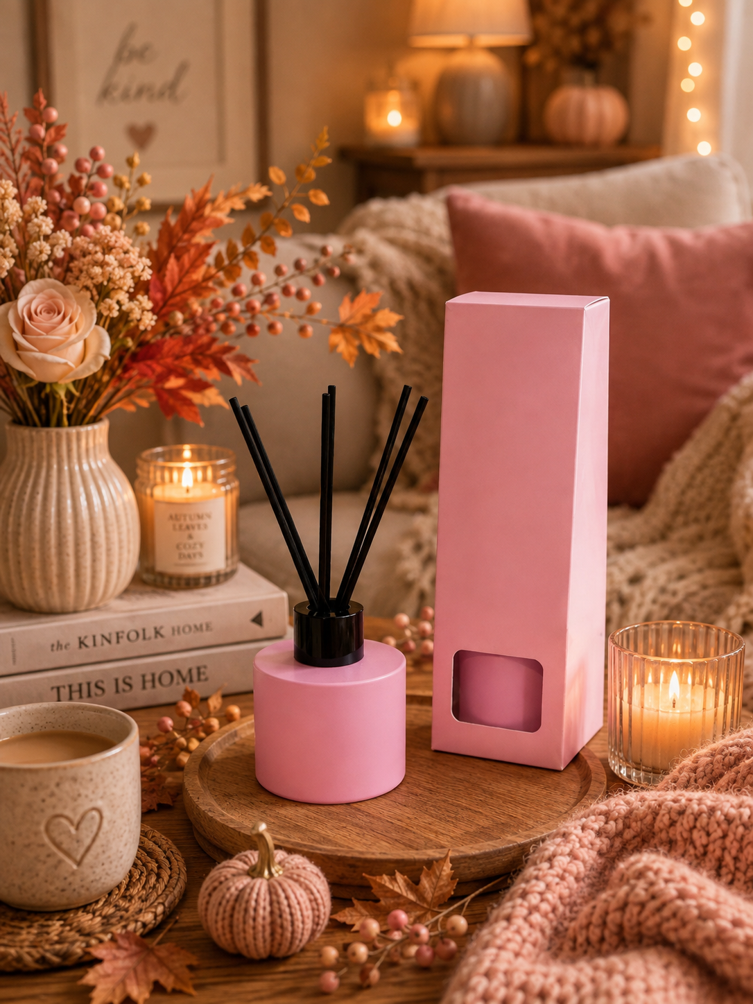 Pink reed diffuser bottle with black reeds and a tall pink box on a wooden tray, styled in a cozy autumn living room scene with candles, flowers, pillows, and a knit blanket.