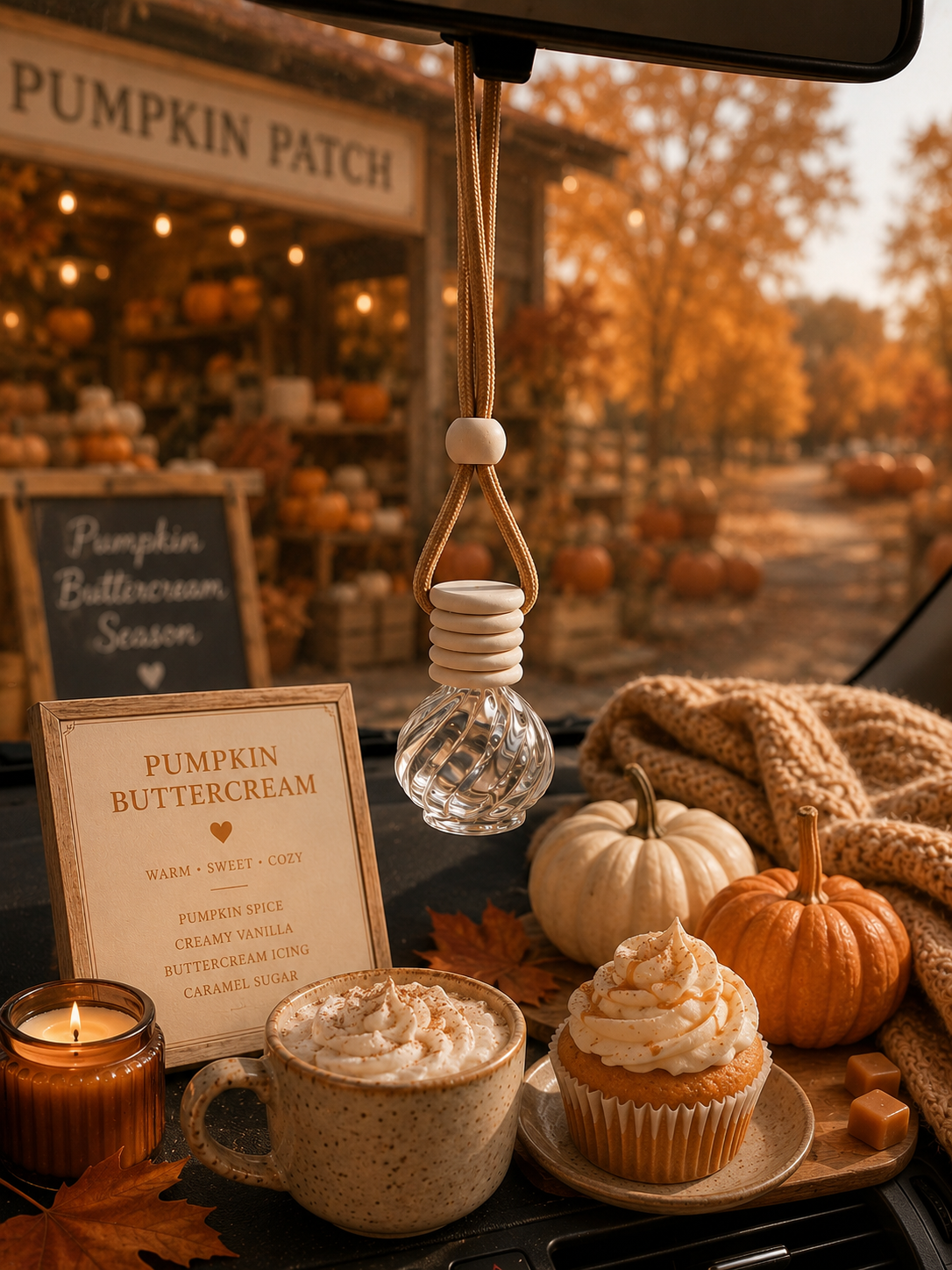 Autumn-themed setup with pumpkin spice latte, cupcake, and candles in a pumpkin patch setting.