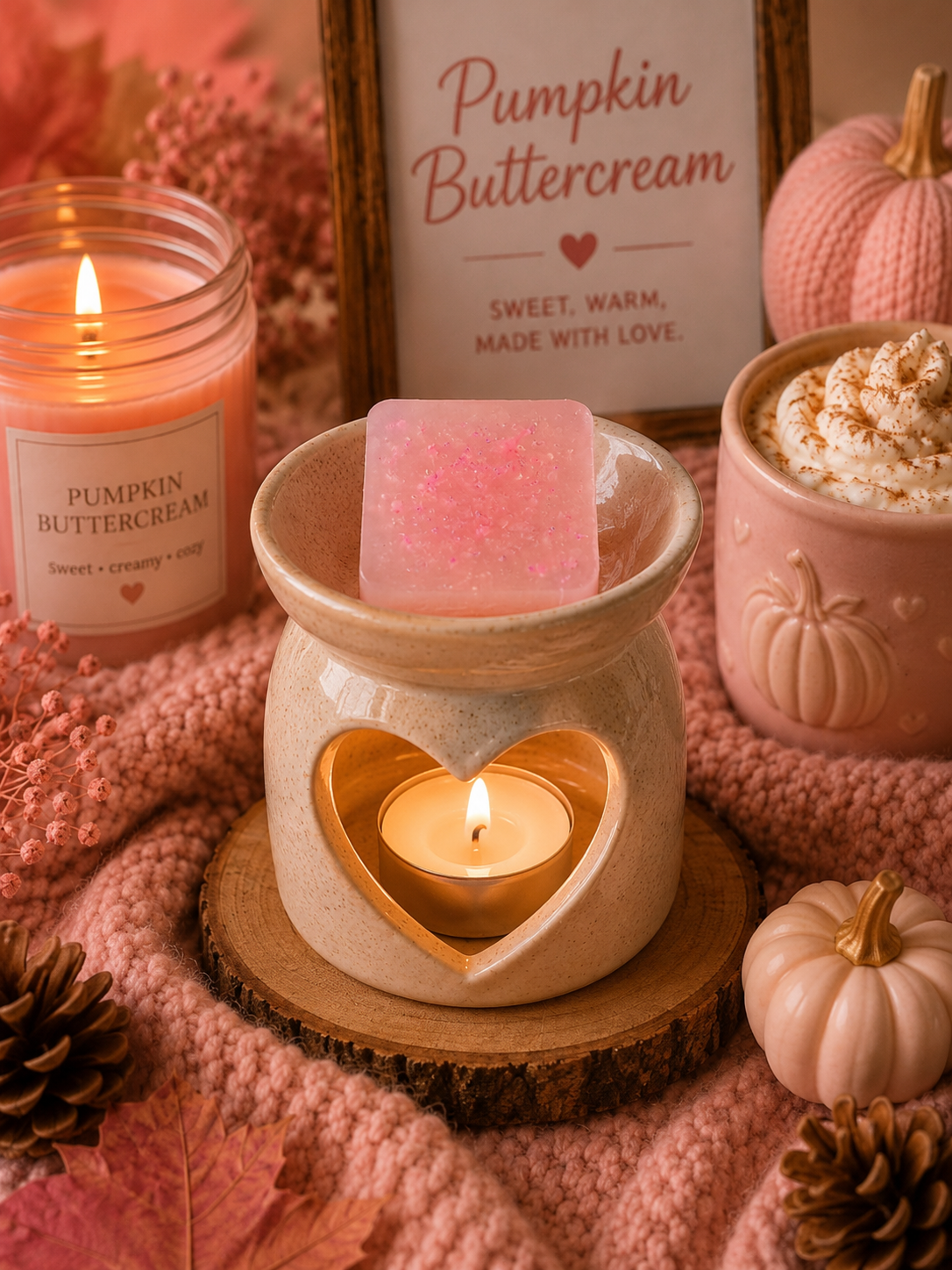 A styled autumn-themed scene featuring a pink pumpkin buttercream gel wax melt resting on a ceramic heart-shaped candle warmer with a lit tealight candle. The setup is surrounded by a pink knit blanket, a lit 'Pumpkin Buttercream' candle jar, a pink whipped drink, and decorative pumpkins and pinecones.