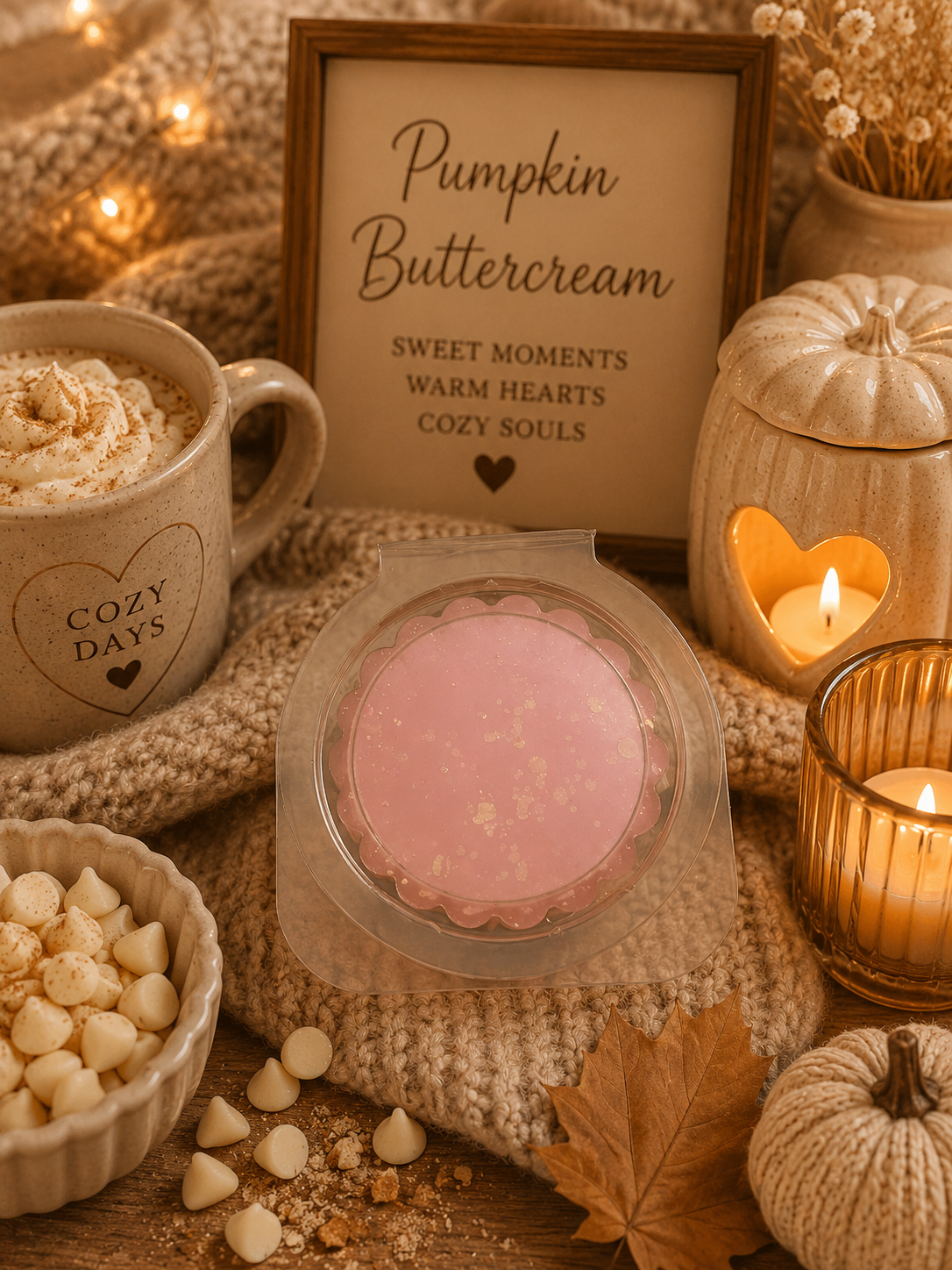 pumpkin buttercream gel wax melt surrounded by cosy autumn decor.