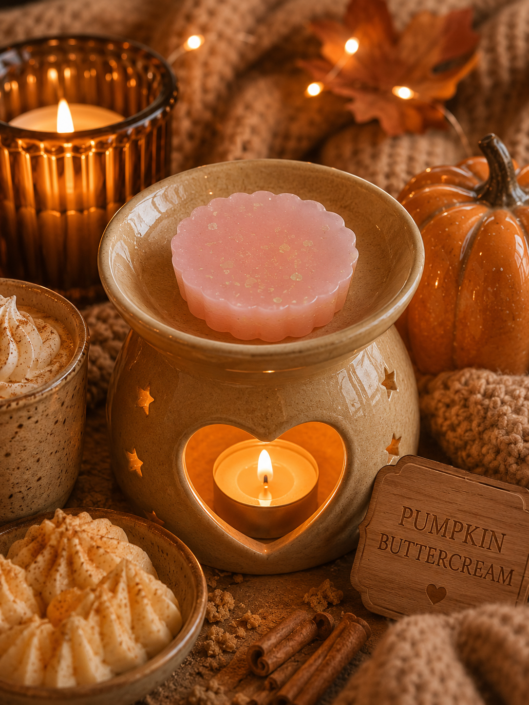 pink pumpkin buttercream gel wax melt in burner with autumn decor.