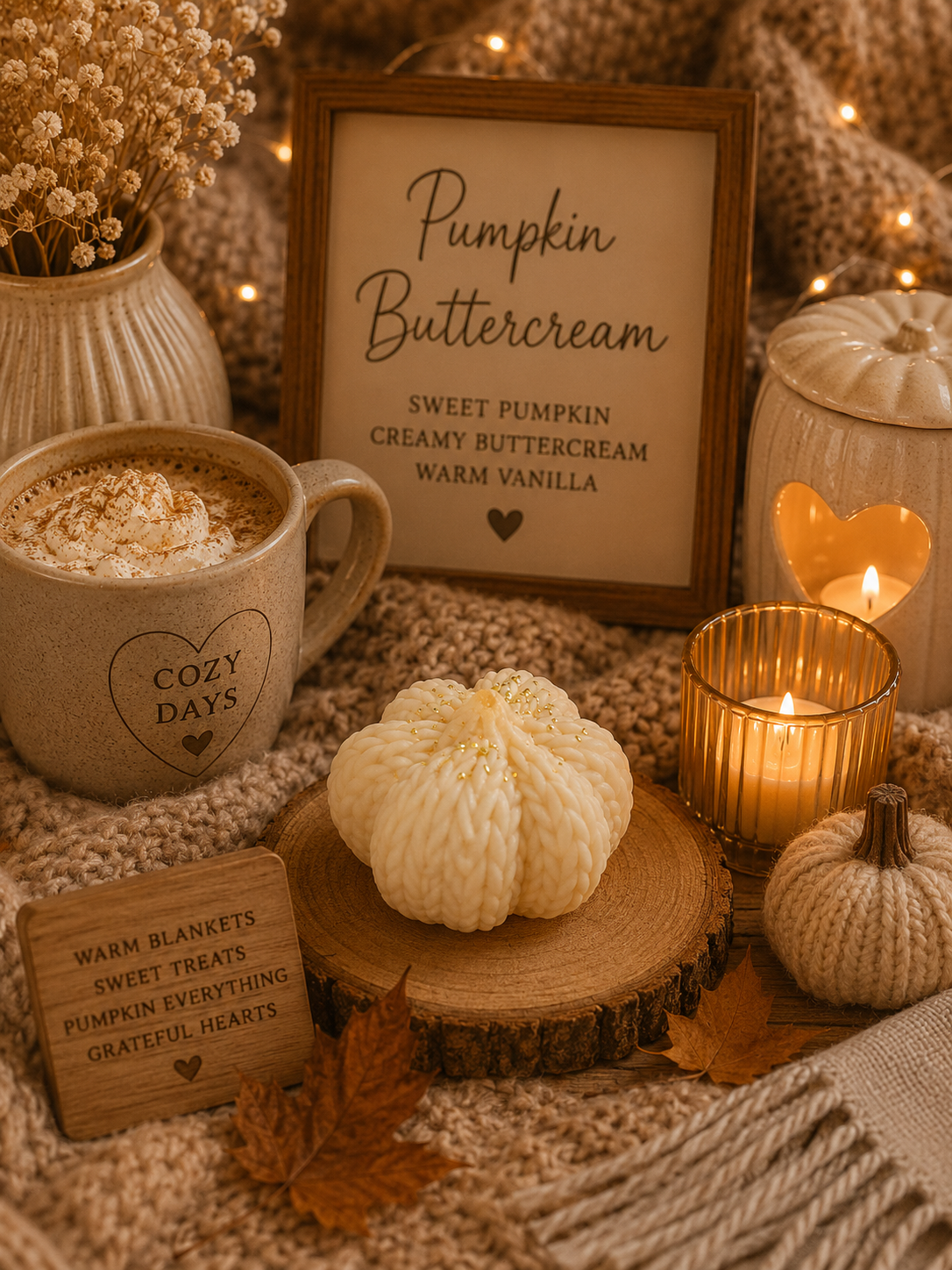 cosy knitted wax melt pumpkin shape with cosy autumn background.
