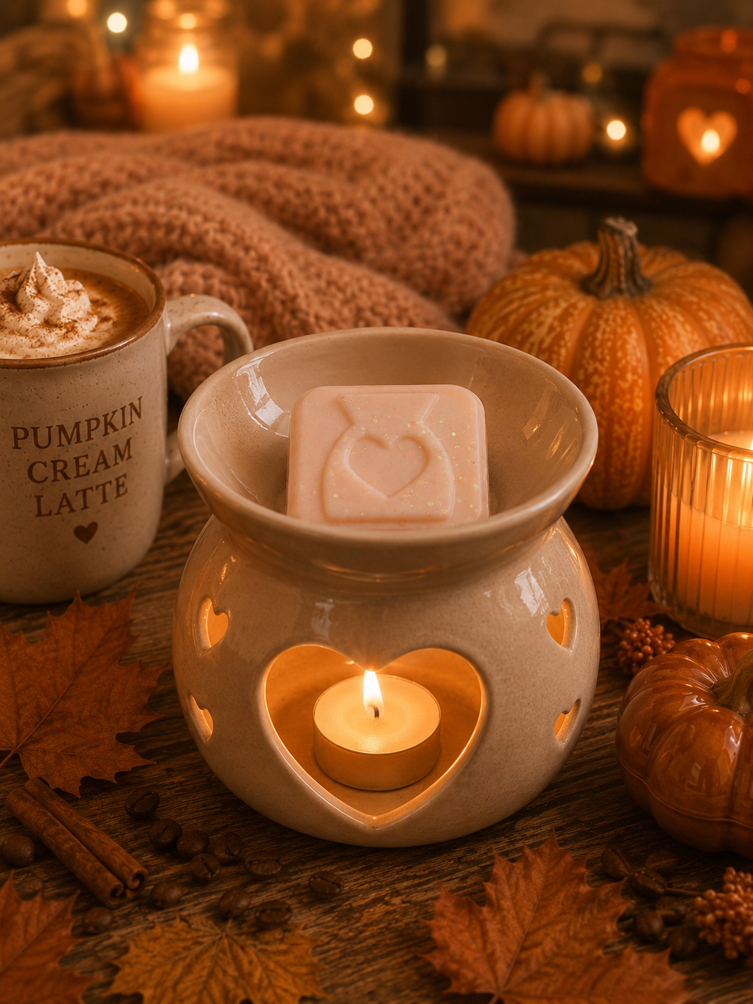 A warm autumn lifestyle scene featuring a beige ceramic heart-shaped wax warmer with a lit tealight candle inside, topped with a pale pink wax melt carved with a heart. The setup is styled with a pumpkin cream latte in a mug, a cozy knit blanket, miniature pumpkins, and fall leaves on a rustic wooden table.
