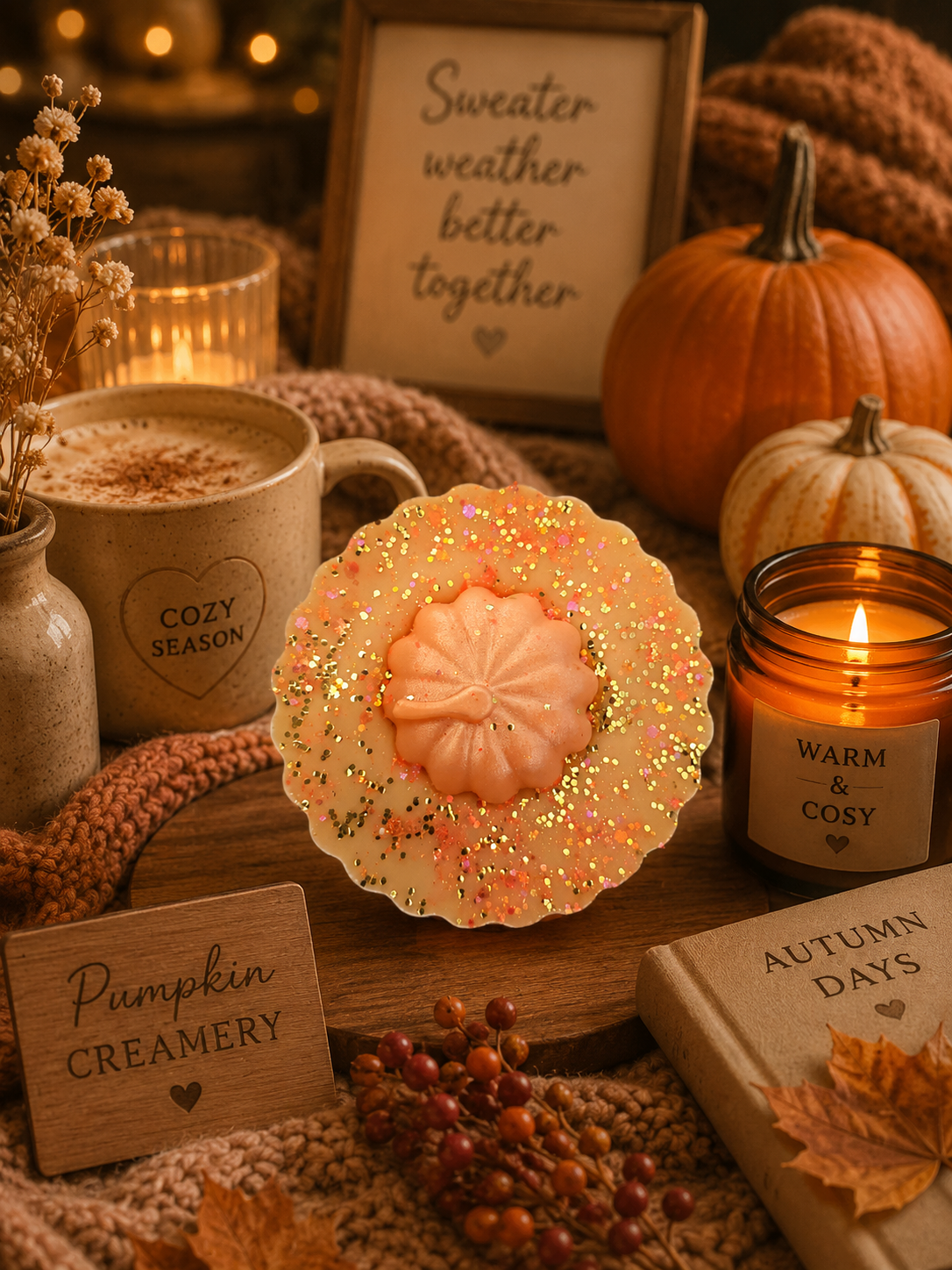A cozy autumn-themed product display featuring a scalloped wax melt with gold glitter on a scalloped white dish, surrounded by fall props including a mug that says 'COZY SEASON', a candle labeled 'WARM & COSY', pumpkins, books, and a sign reading 'Sweater weather better together'.
