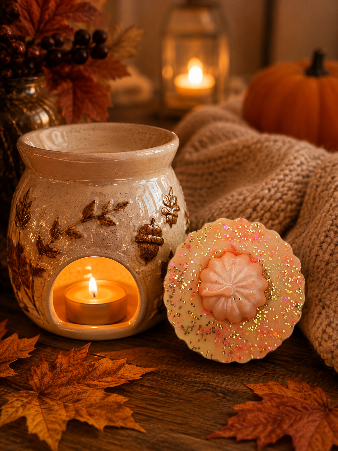 A cozy autumn scene with a ceramic wax warmer holding a lit tea light candle and a decorative wax melt in front. The setting includes fall leaves, a knitted blanket, a small pumpkin, and blurred candles in the background.