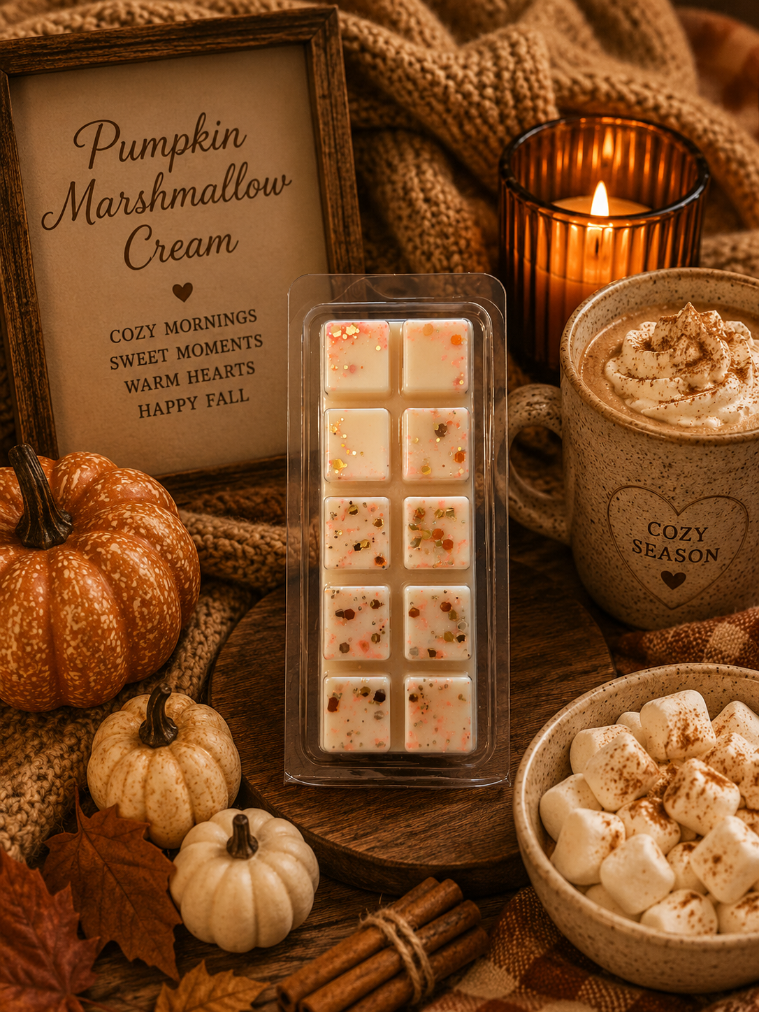 Pumpkin scented wax melts sits on a wooden surface surrounded by fall-themed props: a sign reading 'Pumpkin Marshmallow Cream,' a candle, a mug with marshmallows and whipped cream, cinnamon sticks, and small pumpkins. No person or animal is present, but the styled scene is not a plain studio product shot, so this fits Product/Packaging rather than Lifestyle because the environment is a styled flat-lay/still-life setup rather than a real lived-in environment with people.