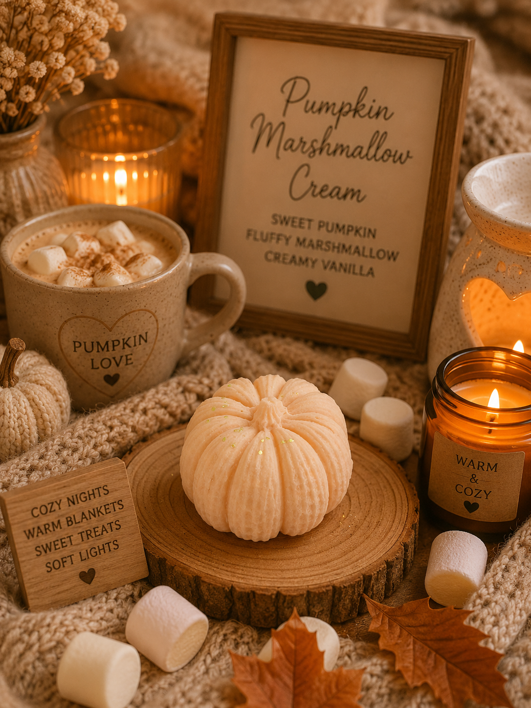 pumpkin marshmallow cream scented pumpkin wax melt with cosy autumn marshmallow background.