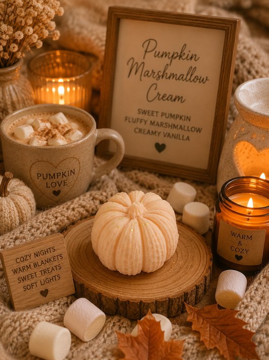 pumpkin marshmallow cream scented pumpkin wax melt with cosy autumn marshmallow background.