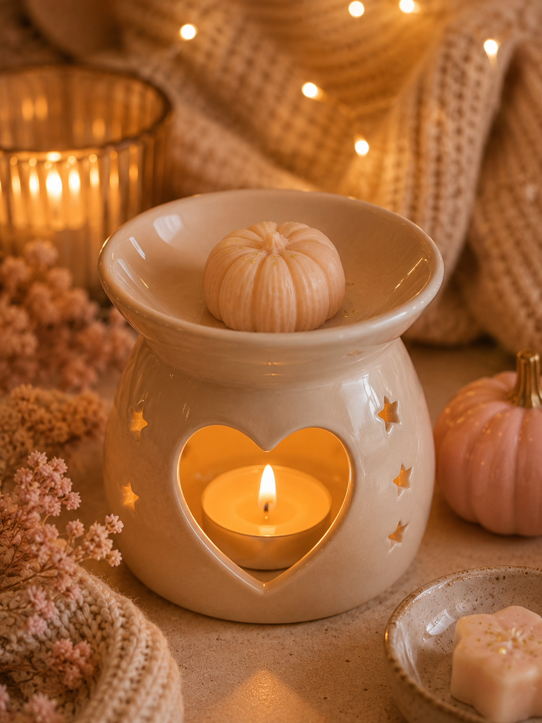 pumpkin marshmallow cream scented wax melt in burner with cosy background.