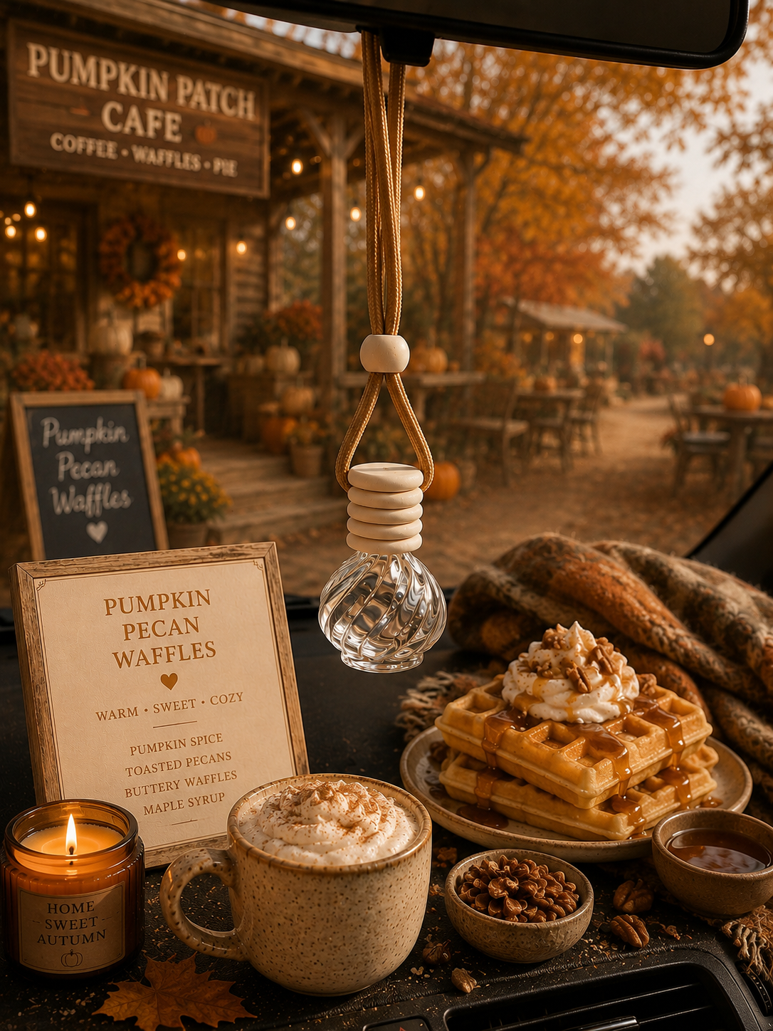 Autumn-themed café scene with pumpkin waffles, coffee, and decor.