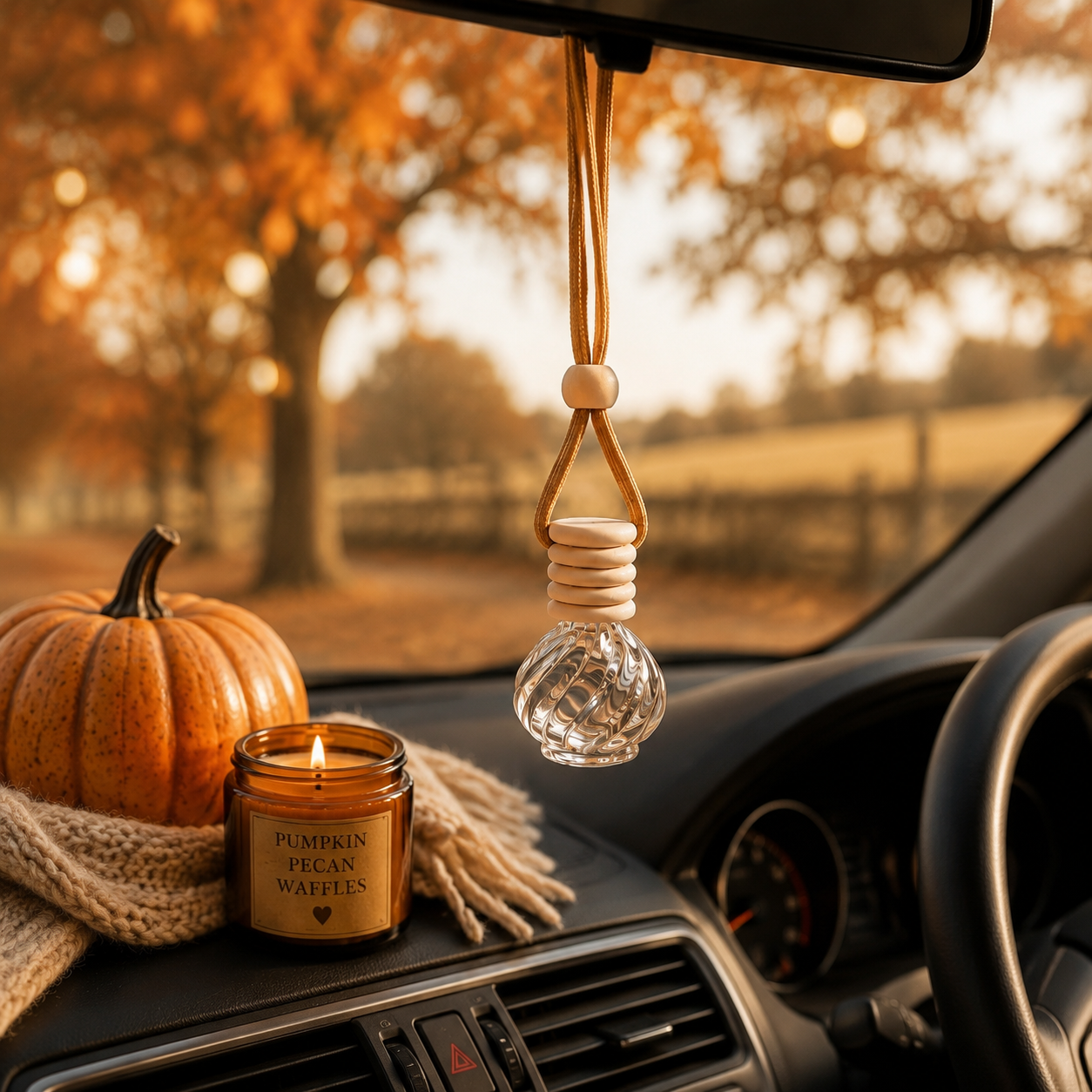 A hanging car air freshener made of tan cord, light wood beads, and a faceted clear glass bulb is displayed in a car interior. A lit amber candle labeled 'Pumpkin Pecan Waffles' and a small orange pumpkin sit on the dashboard, with a knitted cream scarf and an autumn outdoor scene visible through the windshield.