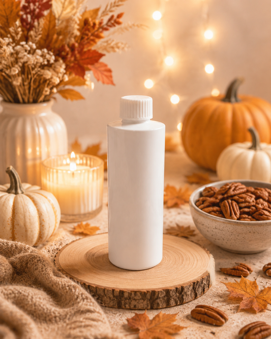 A plain reed diffuser refill white plastic bottle with a ribbed cap stands centered on a round wood slice, surrounded by autumn decor including pumpkins, dried leaves, candles, and a bowl of pecans in warm string lights.