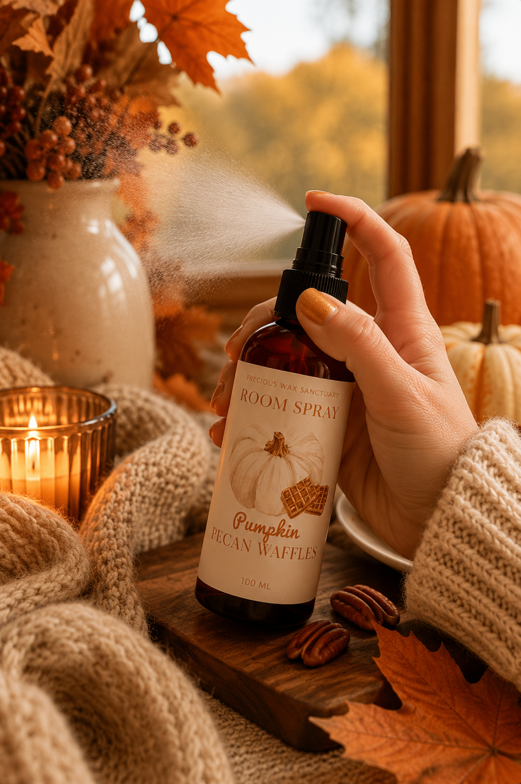A hand holding a room spray bottle labeled 'Pumpkin Pecan Waffles' with autumn-themed props including pumpkins, a candle, and a cozy knit sweater in the background.