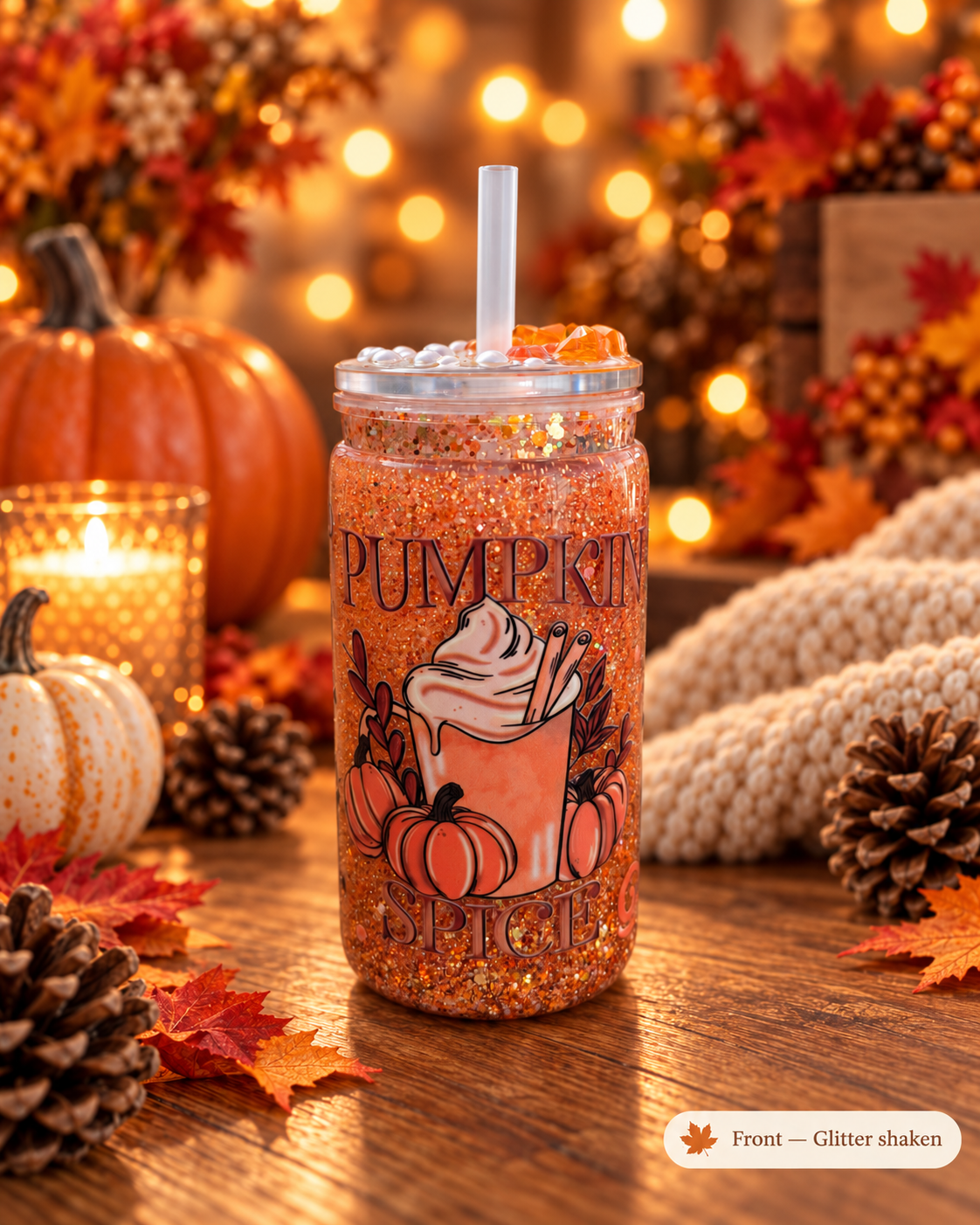 A glittery orange tumbler with a clear lid and straw, decorated with a pumpkin and hot chocolate graphic and the words 'Pumpkin Spice,' set on a wooden table with autumn decor, pumpkins, pinecones, and warm string lights in the background.