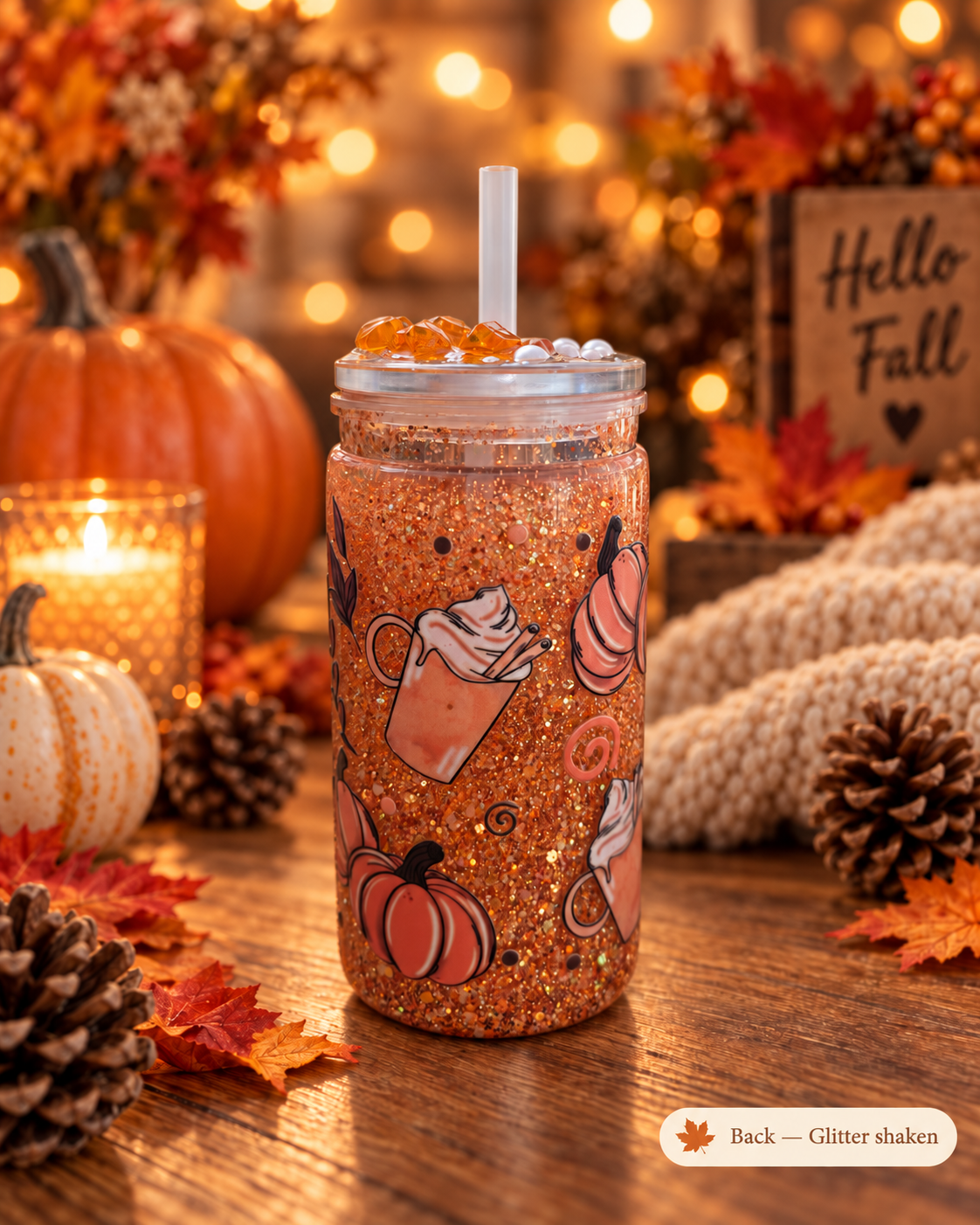 A glittery orange tumbler cup with a clear lid and white straw, decorated with fall-themed illustrations including pumpkins, hot cocoa mugs, and swirls. The cup is styled on a wooden table with autumn decorations including pinecones, fall leaves, a small pumpkin, a candle, and a knitted blanket, with warm bokeh lights in the background.