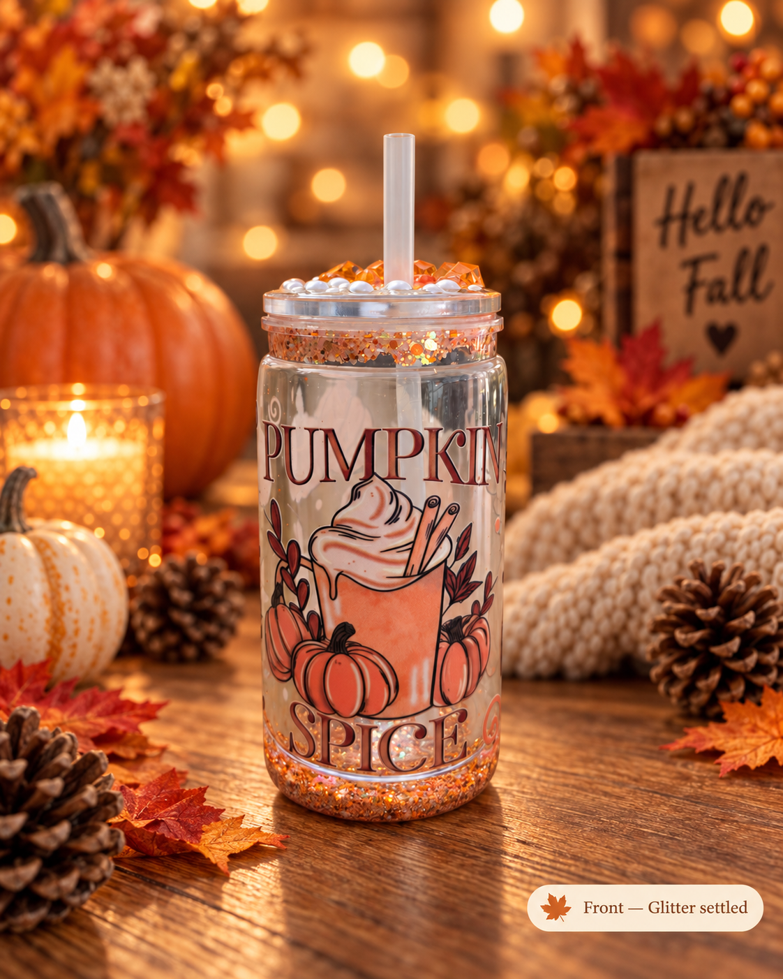 A clear tumbler with a lid and straw, decorated with a 'Pumpkin Spice' fall illustration and filled with an orange drink, set on a wooden table surrounded by pumpkins, pinecones, and autumn decorations.