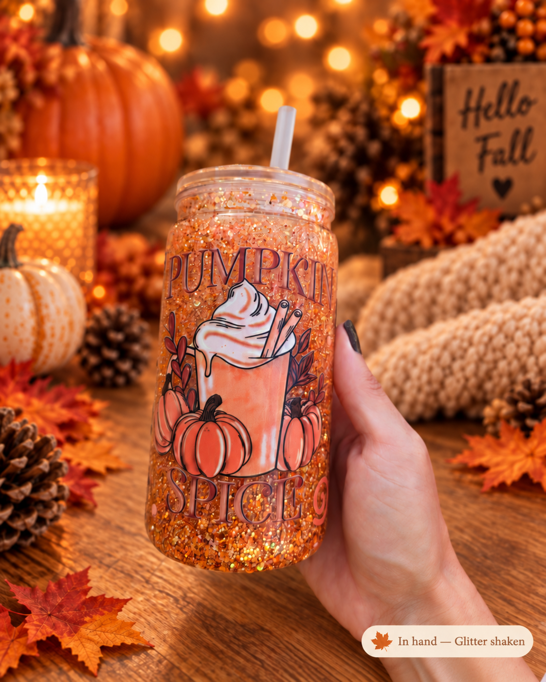 A hand holds a glittery mason jar tumbler with a straw, decorated with autumn pumpkins, fall leaves, and a pumpkin spice latte illustration. The background is a cozy, warm fall-themed setting with pinecones, candles, and a 'Hello Fall' sign.