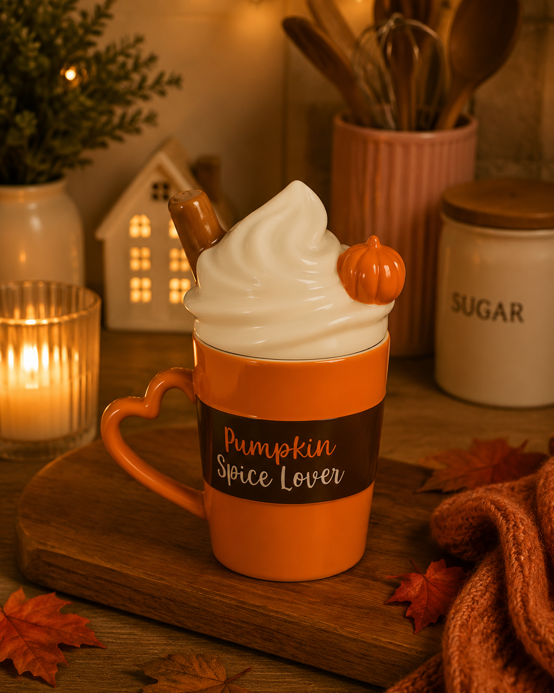 An orange ceramic mug with a heart-shaped handle and a dark brown band reading 'Pumpkin Spice Lover' in white script, styled with a whipped cream top, cinnamon stick, and small pumpkin ornament. The mug sits on a wooden board in a cozy autumn kitchen scene with candles, fall leaves, and kitchen canisters in the background.