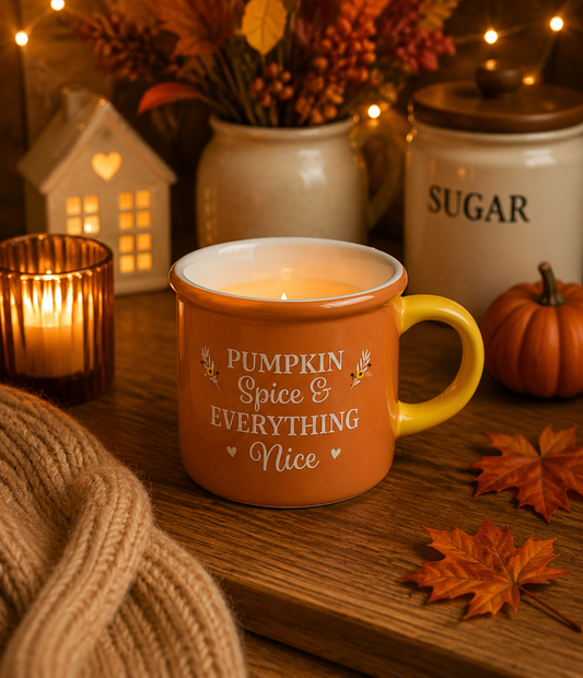 Coay autumn mug wax melt burner with cosy decor.