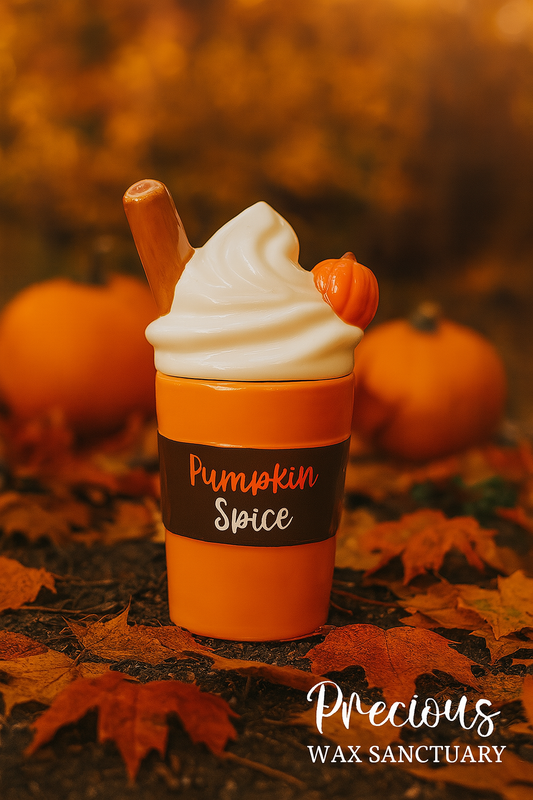 Pumpkin spice-themed product with whipped cream and pumpkins on a fall leaf background, featuring 'Precious Wax Sanctuary'.