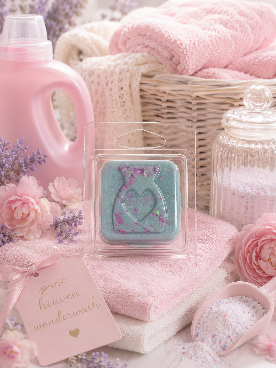 Pink laundry detergent bottle with wax melt and bath products with flowers and a basket in the background