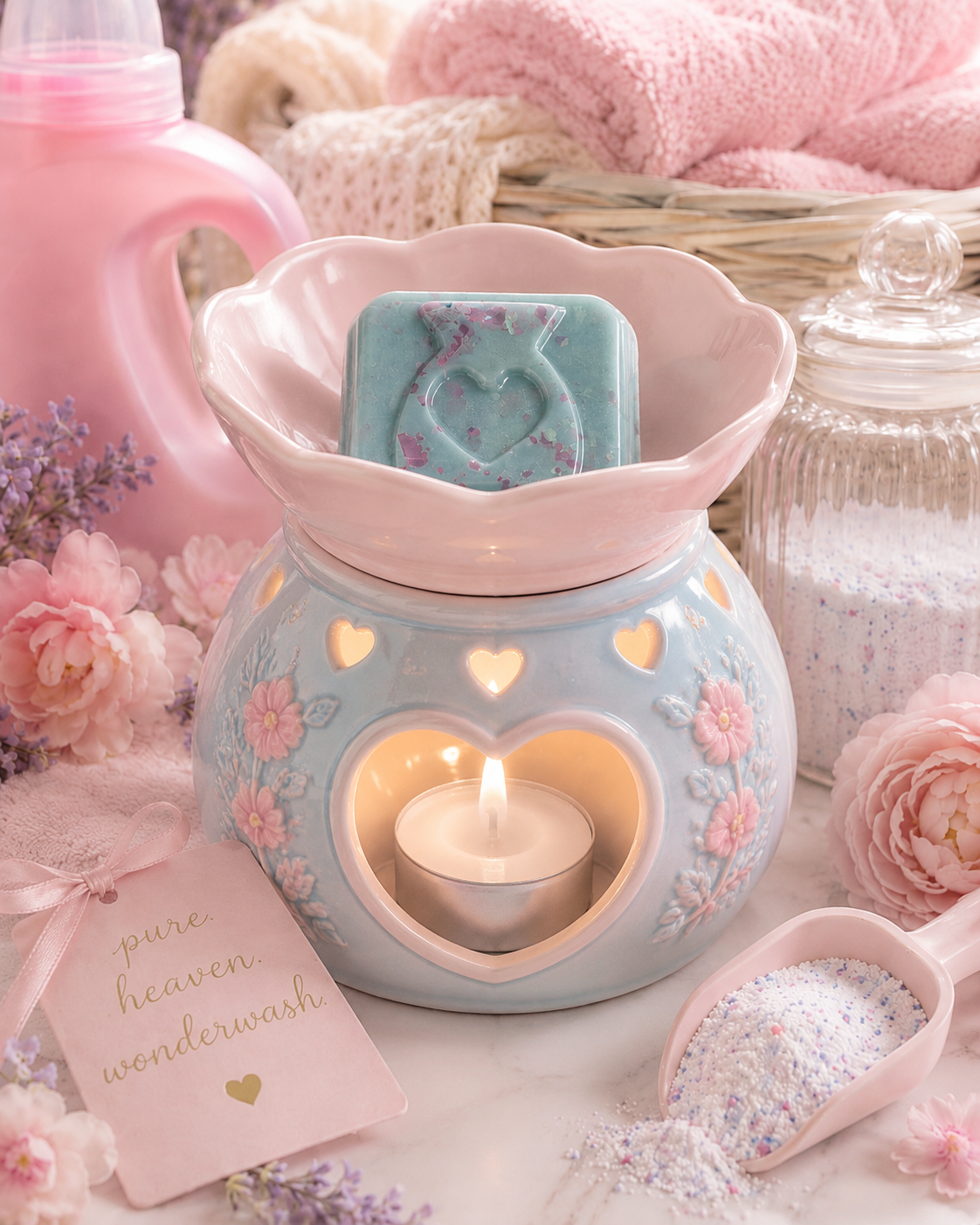 Pure heaven wonderwash wax melt sample in burner with pink and blue laundry theme.