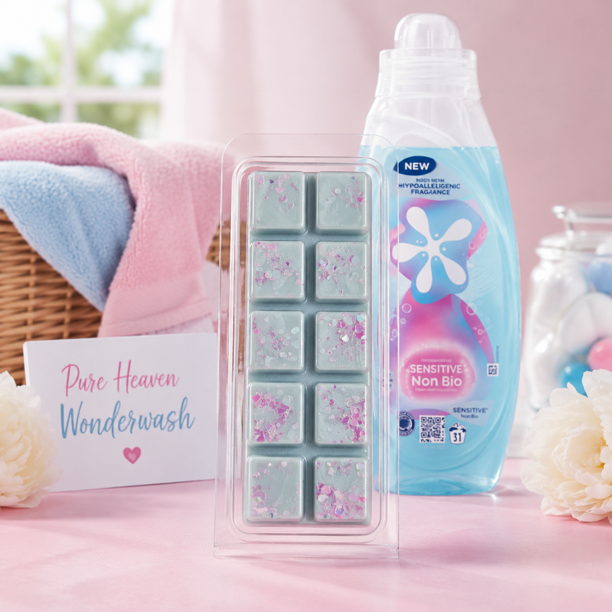 Bottle of laundry detergent and laundry wax melt on a pink surface with flowers and a basket in the background.