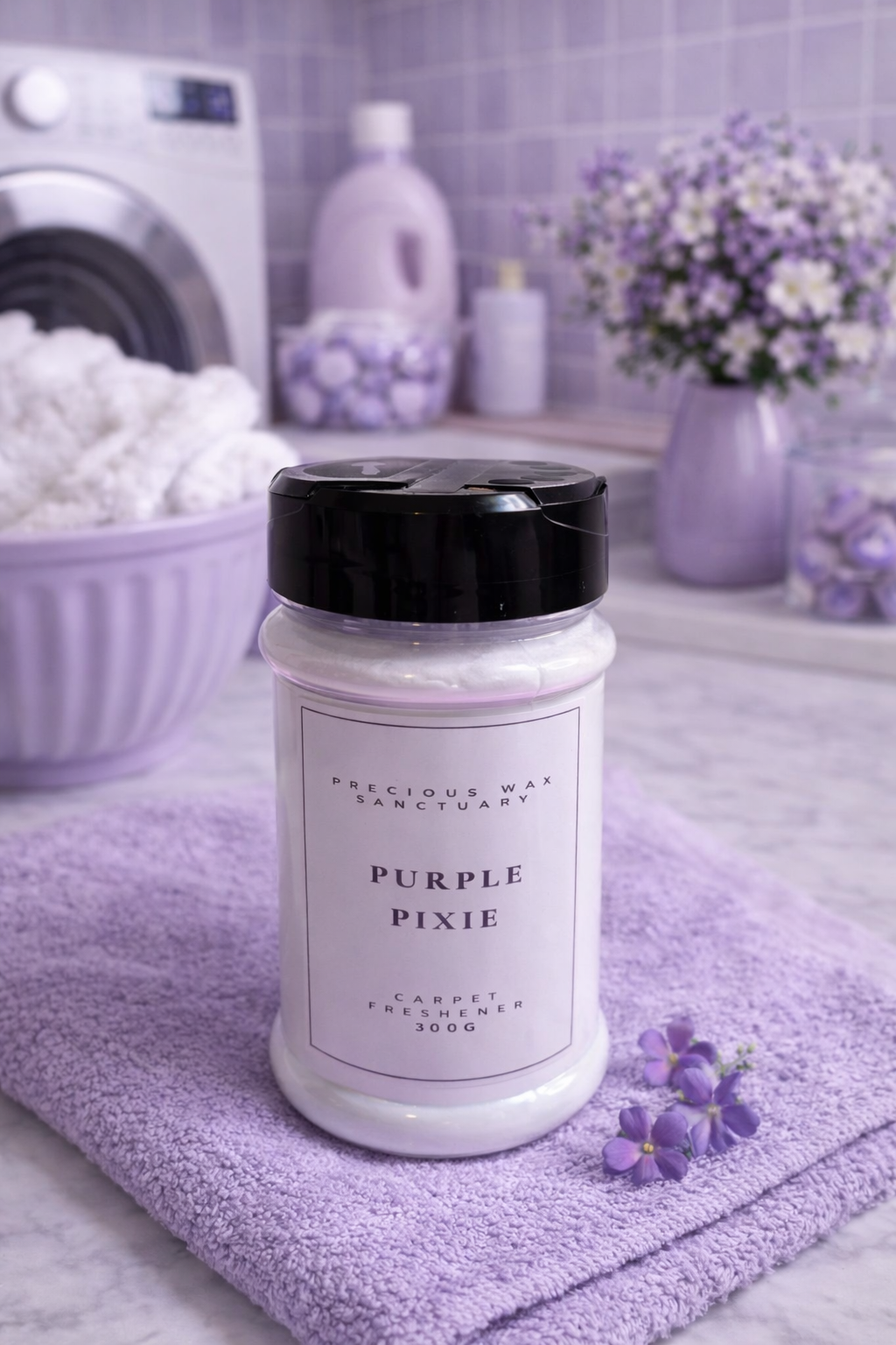 Container of 'Purple Pixie' carpet freshener on a purple towel with laundry items in the background