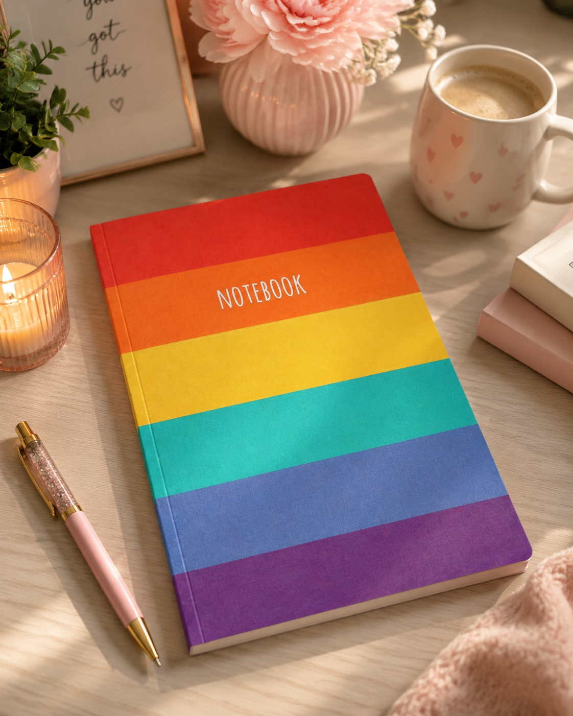 Rainbow notebook on desk with decor