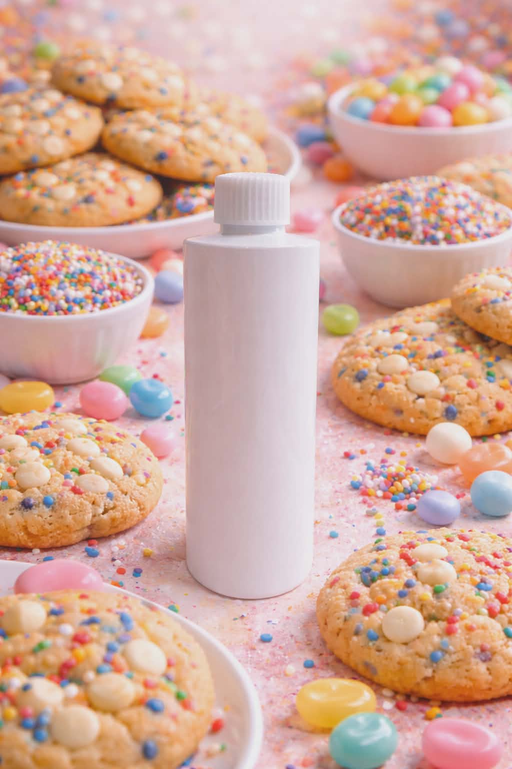 Rainbow cookie White reed diffuser refill bottle surrounded by colorful cookies and candies on a pink surface