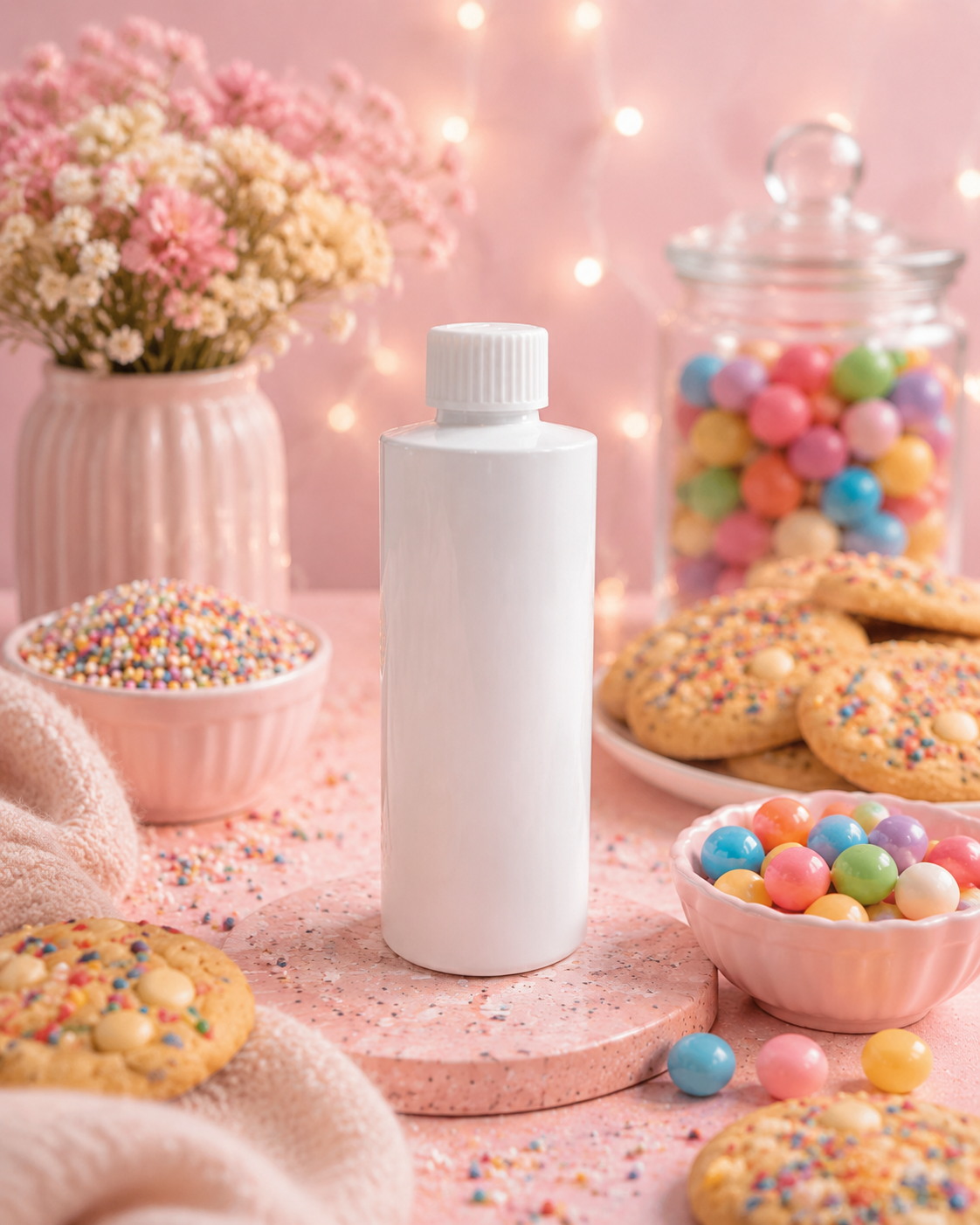 Rainbow cookie scented reed diffuser refill surrounded by cookie decor.