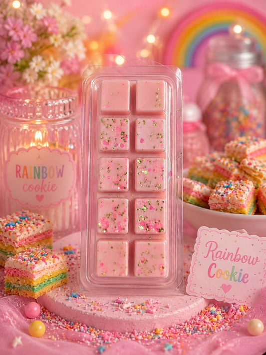 Pink wax melt with sprinkles surrounded by colourful candies and a rainbow in the background