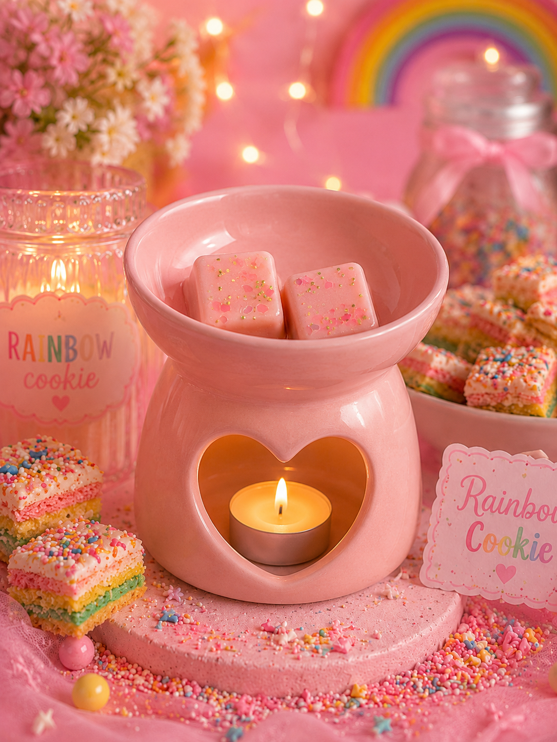 Pink wax warmer with wax melt with a lit candle surrounded by colorful treats and decorations.