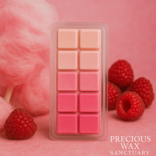 Raspberry Candy Floss Wax Melts featuring a sweet and fruity scent with juicy raspberry notes blended with fluffy, sugary cotton candy, evoking a delightful and indulgent aroma.