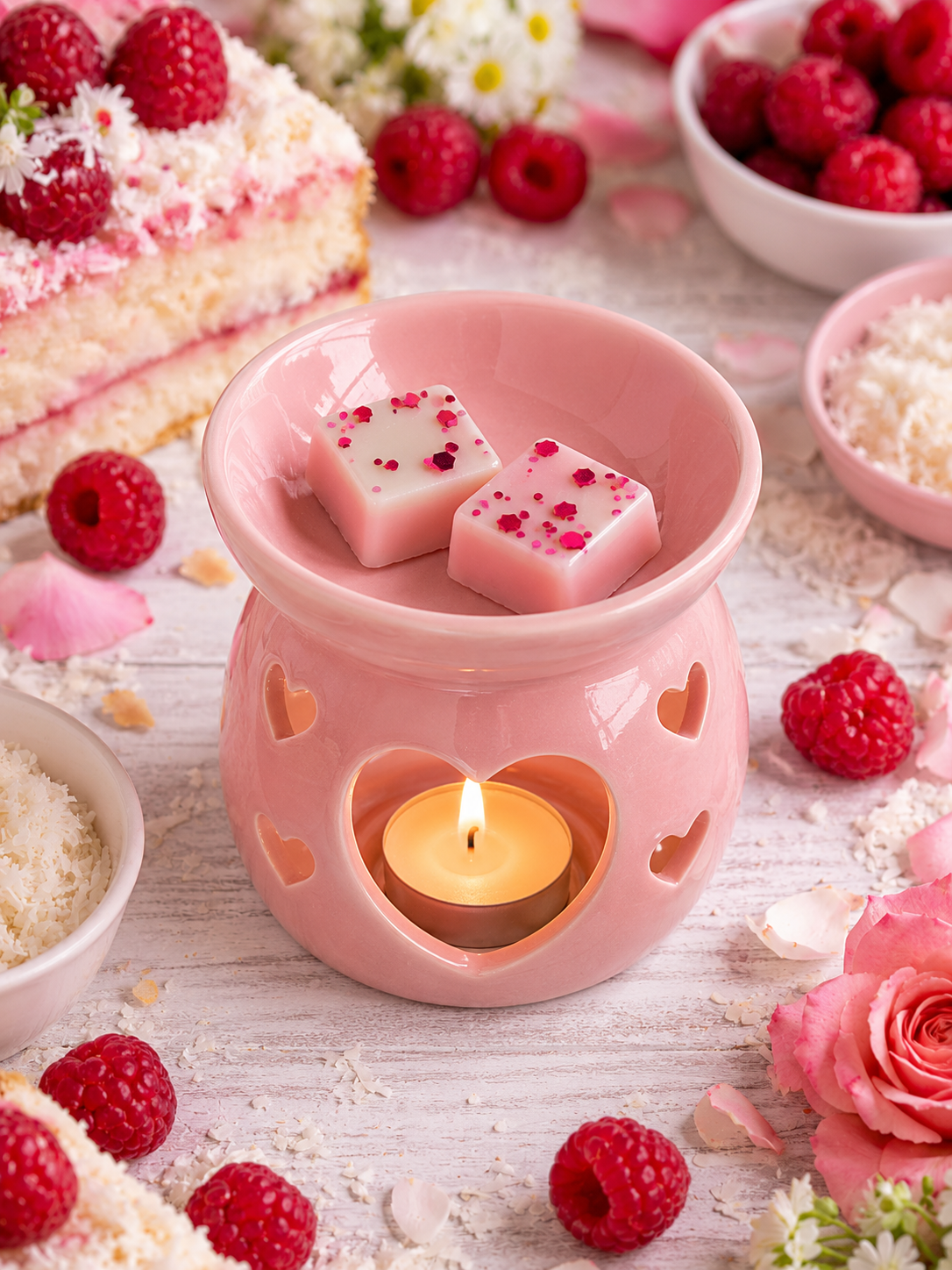 raspberry coconut cake wax melts in burner with matching background theme.
