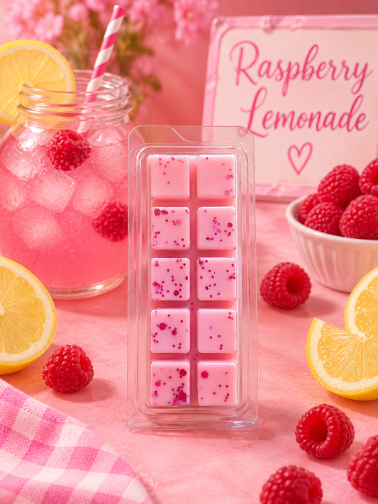 raspberry lemonade soy wax melt bar surrounded by lemonade, lemons and raspberries.