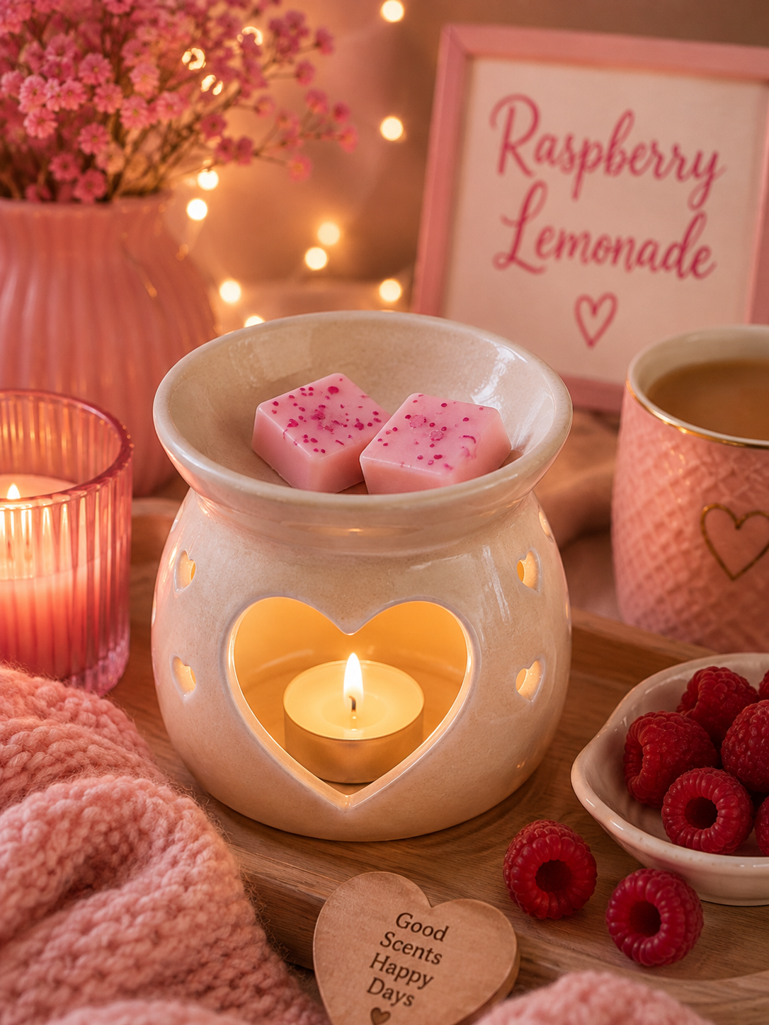 A heart-shaped ceramic candle warmer with a lit tea light candle inside, topped with two pink wax melts. The scene is styled with a pink knit blanket, fresh raspberries, a cup of tea, and a cozy background with warm string lights and a sign reading 'Raspberry Lemonade'.