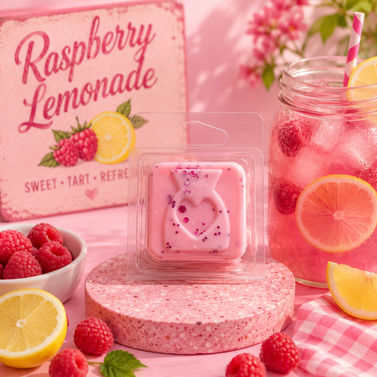 A pink rectangular wax melt with a heart-shaped imprint, displayed in a clear clamshell package on a pink textured stand. The scene is styled with a pink 'Raspberry Lemonade' sign, a glass jar of pink lemonade with raspberries and orange slices, bowls of fresh raspberries, and lemon wedges on a pink background.