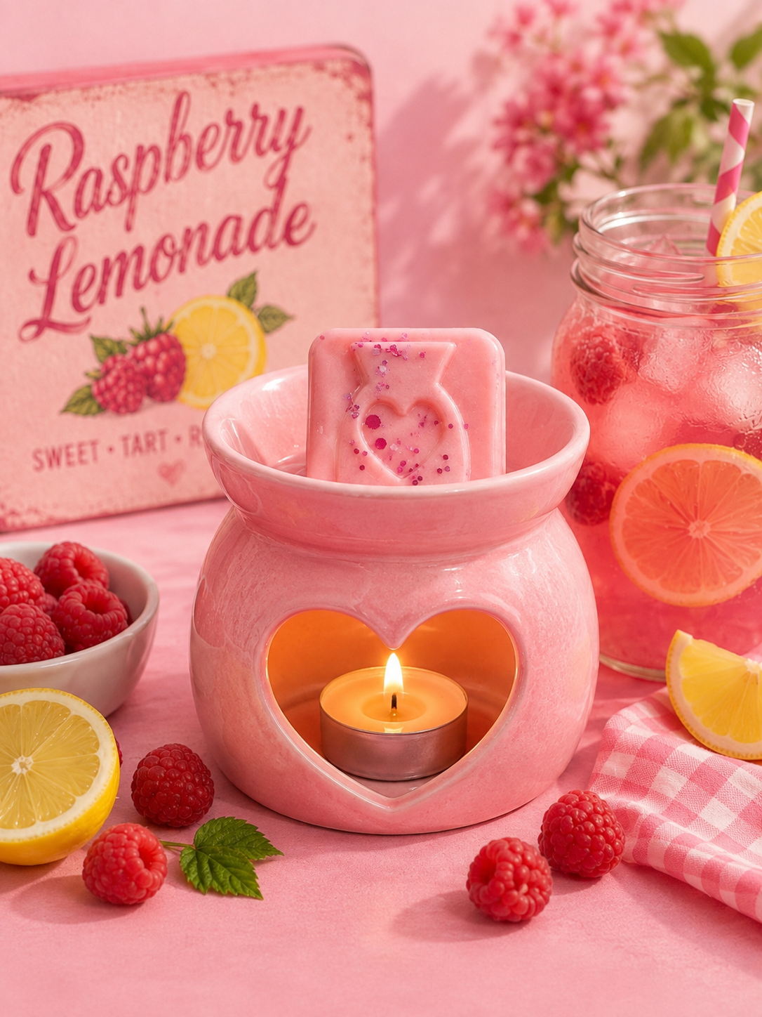 A pink heart-shaped wax warmer with a lit tealight candle sits on a pink surface, surrounded by raspberries, lemon slices, a jar of pink iced drink, and a blurred Raspberry Lemonade box in the background.